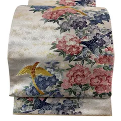 【美品】 袋帯 秀品 関西仕立て 枝花 鳥 箔 ベージュ 六通 正絹 【中古】