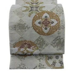袋帯 秀品 夏帯 絽 華文 菱 箔 金糸 ベージュ 六通 正絹 【中古】
