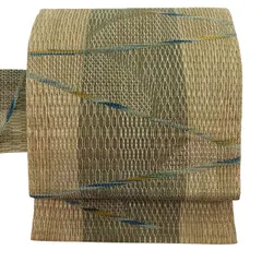 名古屋帯 秀品 夏帯 幾何学 金糸 抹茶色 正絹 【中古】