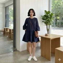 COS(コス) ネイビー ティアードシャーリング ONE PIECE