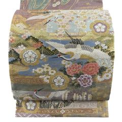 純金箔 袋帯 双鶴紋 菊花 桐の花 格子 金糸 着物 052b - メルカリ