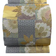 【美品】 袋帯 名品 桜 亀甲 唐織 箔 青灰色 六通 正絹 【中古】