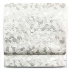 袋帯 幅30.5cm 長さ443cm レディース 連続模様 秋冬春用 正絹（シルク）シルバー 美品 リメイク リユース リサイクル【呉服のきくや】