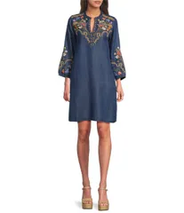 ジョニーワズ レディース トップス ワンピース フラワー柄 刺繍 デニム フラワー JOHNNY WAS Durago Floral Embroidered Yoke and Sleeve Denim Shift Dress Denim Blue デニム