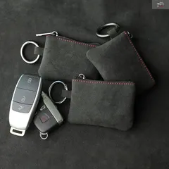 車のキーケース ジッパー付きキーフォブカバー 高級人工スエードキーチェーンポーチ ユニバーサルカーアクセサリー