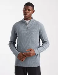 エイソス メンズ アウター ニット・セーター リブニット ハーフジップ セーター ニット ASOS DESIGN rib knit half zip sweater Gray グレーのサムネイル