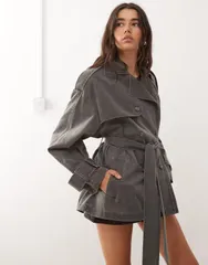 モンキ レディース アウター ジャケット・ブルゾン コート Monki shortwill trench coat in washed Black ブラックのサムネイル