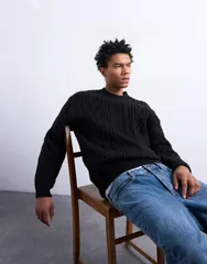 トップマン メンズ アウター ニット・セーター Topman chunky cable knit sweater Black ブラックのサムネイル
