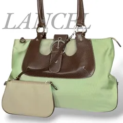 【MY0681】LANCEL ランセル トートバッグ ハンドバッグ ナイロン レザー グリーン ブラウン ミニポーチ付き レディース ファスナー