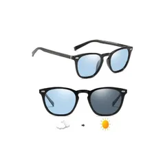 【新品】 [ゲットオン] 調光 偏光 メンズ サングラス 変色 カラーレンズ UVカット 軽量TR素材 アジアンフィット ウェリントン型 運転 ドライブ 釣り スポーツ レディース ユニセックス ファッショングラス (ライトブルー×ブラック) 0