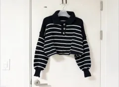 ザラ カラーストライプ クロップドニット ネイビー S