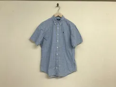 本物ラルフローレンRALPHLAURENコットンチェック柄ロゴ刺繍半袖シャツメンズサーフワークアメカジミリタリービジネススーツモードゴルフドレスストリートスケーター170S青ブルーキッズ