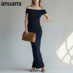 アニュアンス anuans ムーンネックタイトワンピース ニットワンピース ロング マキシ タイト スリット オフショルダー 紺 ネイビー M 上品 エレガント デート お呼ばれ きれいめ 美シルエット スタイルアップ 着痩せ 大人可愛い 着用感あり