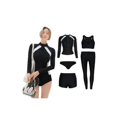 [Ttoitv] ラッシュガード レディース 5点セット 水着 体型カバー UVカット レギンス 長袖ラッシュガード 前開き セパレート フィットネス スイミング ブラ ショーツ ショートパンツ 女性 ビーチ 水泳 吸汗速乾 水陸両用 (XL, 5点セットC(