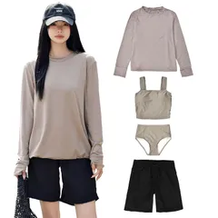 [Teddy] タンキニ水着 レディース 体型カバー 長袖シャツ ラッシュガード ハーフパンツ 4点セットビキニ hys2861 S(7号) グレージュ×ブラック 0