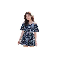 TeddyShop 水着 レディース 体型カバー ワンピース 大人 オールインワン オフショルダー フレア 大きいサイズ hys1515 L(9号) K:ネイビー×フラワー 1