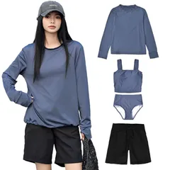 [Teddy] タンキニ水着 レディース 体型カバー 長袖シャツ ラッシュガード ハーフパンツ 4点セットビキニ hys2861 S(7号) ブルーグレー×ブラック 0