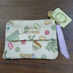 【TAKA90-37】△ タグ付き LADUREE ラデュレ ｢マカロン柄 ポーチ ティッシュケース付き｣ レディース ベージュのサムネイル