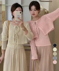 メッシュカーディガン キャミソール セット レディース 透かし編み リボン アンサンブル 春夏