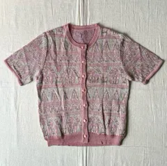 〜90s　vintage　ヴィンテージ古着　幾何学アートモチーフ　ジグザグライン　総柄　ラメ入りピンク系カラー　メッシュサマーニット生地　半袖カーディガン　ボタン留め　M　一点物　レトロ古着　ガーリー　個性派　pink mesh knit cardigan