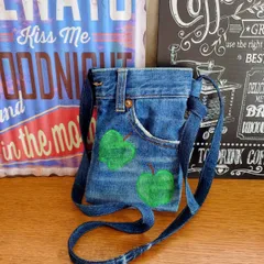 153☆USEDデニムリメイク☆サコッシュ☆スマホショルダーバッグ☆アップルペイント☆ポシェット☆デニムバック☆