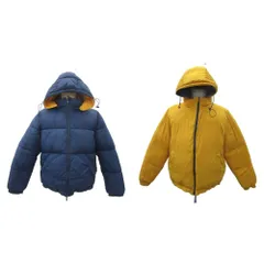 ニコアンド Niko and.. 中綿ジャケット 3 紺 ネイビー 黄色 イエロー スタンドカラー フード付き 2way ジップアップ ミドル丈 /YS19 ■GY58