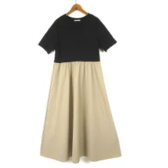 オペークドットクリップ OPAQUE.CLIP ドッキング ワンピース ふくれジャガード ナイロンタフタ ロング フレア 半袖 L 40 黒 ブラック ベージュ 美品