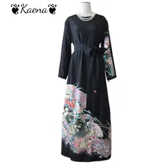 着物リメイク ロング ワンピース 大きいサイズ  黒留袖 Aライン マキシ丈ドレス 扇面牡丹花文 金彩 ブラック 黒