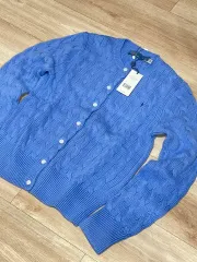 L ウィメンズ ケーブル ニット コットン クルーネック カーディガン - ブルー 新品