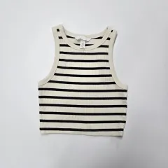 XS H&M ストライプ リブ ノースリーブ クロップドトップス