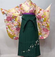 卒業袴】着物若草色 袴黄色→山吹グラデーション刺繍椿 （28 - メルカリ
