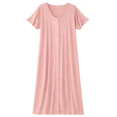ルームウェア レディース ワンピース 前開き 半袖 膝下 ロング さらさら 涼しい パジャマ おしゃれ かわいい 体型カバー 黒 グレー ピンク 紫 緑 青 夏 rr-084