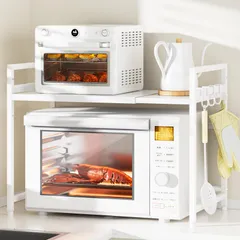 DAIWIN レンジ上ラック トースターラック レンジ置き台 伸縮式 幅36~65cm 棚板高さ調節可 耐荷重50kg シンク上キッチン収納 フック4個付き (ホワイト)のサムネイル