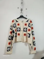 クロシェ 編み 花柄 カーディガン