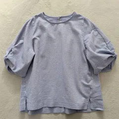 グリーンレーベルリラクシング サッカー生地 ブラウス ストライプ タック袖 UVカット 美品 春夏 シャツ 凸凹 5分袖 送料無料