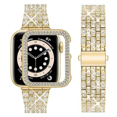 【新品】 [wutwuk] for Apple Watch バンド キラキラ 44mm 保護ケース付き ジュエリー メタル製 アップルウォッチバンド 交換ベルト レディース ラメ Apple Watch SE3/SE2/6/SE/5/4対応 ダイヤモンド  1
