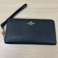 (b) 美品 COACH コーチ 長財布 ブラック レザー ストラップ付き/9863