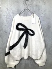 新品 moment+ モーメントプラス リボン ジャガード ラメ シャギー 配色 ボリュームスリーブ ニット セーター sizeM/アイボリー  ■■ レディース