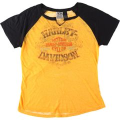 古着 ハーレーダビッドソン Harley-Davidson ドクロ柄 スカル柄 ツートン スリットネック モーターサイクル バイクTシャツ/eaa635581