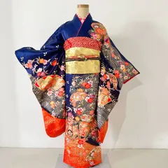 【美品】七五三　7歳女の子　着物　四つ身　紺色　華やか　花　大人気　長襦袢　作り帯セット　帯揚げ帯締め付き　ビンテージ　#きもの猫田　T477