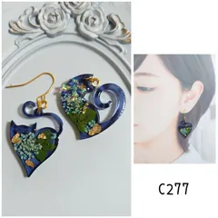 c277 ハート ねこ 金箔 押し花 ブラック ハンドメイド ピアス イヤリング