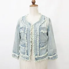 ルシェルブルー LE CIEL BLEU ジャケット Gジャン ノーカラー 七分袖 デニム フリンジ ブリーチ加工 ホック 綿 インディゴ ブルー 青 40のサムネイル