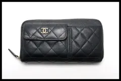 ■CHANEL 29番台 マトラッセ キャビアスキン GD金具 レザー ラウンドファスナー 長財布 シャネル ■0409oh26445