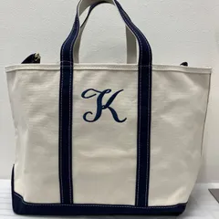 Y2235　L.L.Bean　エルエルビーン　トートバッグ　 キャンバス　ホワイト×ネイビー系　白　紺　 イニシャル　K　刺繍　大容量　ファスナー開閉　ボートアンドトート　レディース