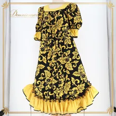 フラダンス 衣装 ワンピース ドレス ブラック系 Number One Fashion ハワイ製 イエロー系 黒 黄 ハイビスカス柄 モンステラ柄 ハワイアンプリント フリル 花柄 植物柄 アロハ フラ ダンス レッスン 練習 華やか 鮮やか おしゃれ