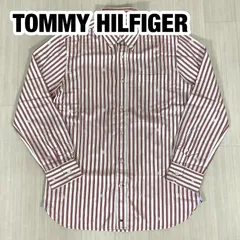 【良好】TOMMY HILFIGER トミーヒルフィガー 刺繍ロゴ 総柄 ストライプ ボタンダウンシャツ M  ホワイト×ボルドー 着丈75cm 肩幅44.5cm 身幅(脇下)52cm 袖丈59.5cm【古着】