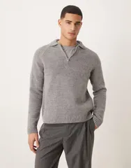 エイソス メンズ アウター ニット・セーター ポロシャツ ASOS DESIGN relaxed knit zip upolo in charcoal Gray グレーのサムネイル