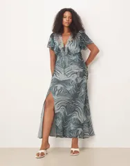 エイソス レディース トップス ワンピース ミディワンピース プリント ミディ レース ASOS Curve ASOS DESIGN Curve lace detail flutter sleeve tie front midi dress zebra pri