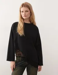 リクレイム ヴィンテージ レディース トップス Tシャツ アシンメトリー レース Reclaimed Vintage flare sleeve top with lace asymmetric hem Black ブラック