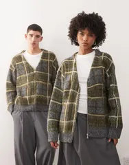 ザラグドプリースト レディース アウター カーディガン ニット The Ragged Priest Unisex fuzzy knit cardigan plaid GREEN グリーン